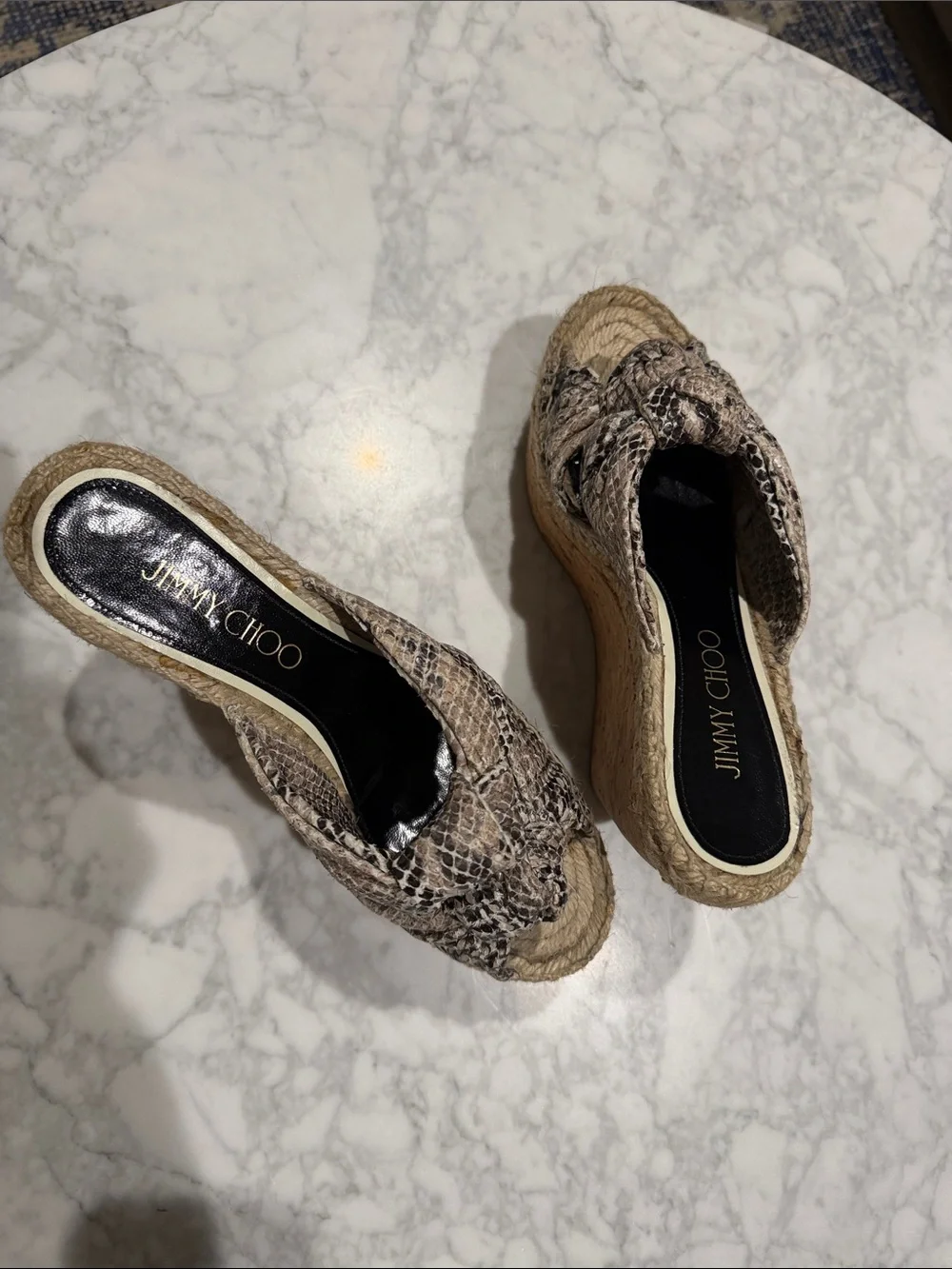 Jimmy Choo Knotted Natural Snake Print Leather Platform Wedge Sandal   37.5